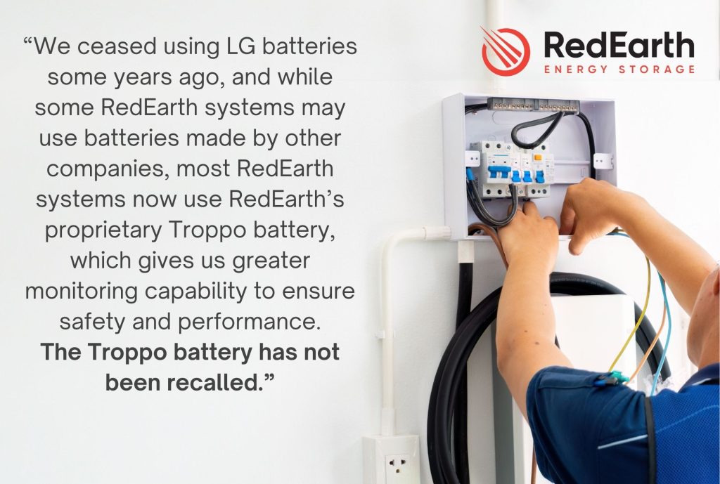 RedEarth Energy Storage statement regarding LG battery recall
